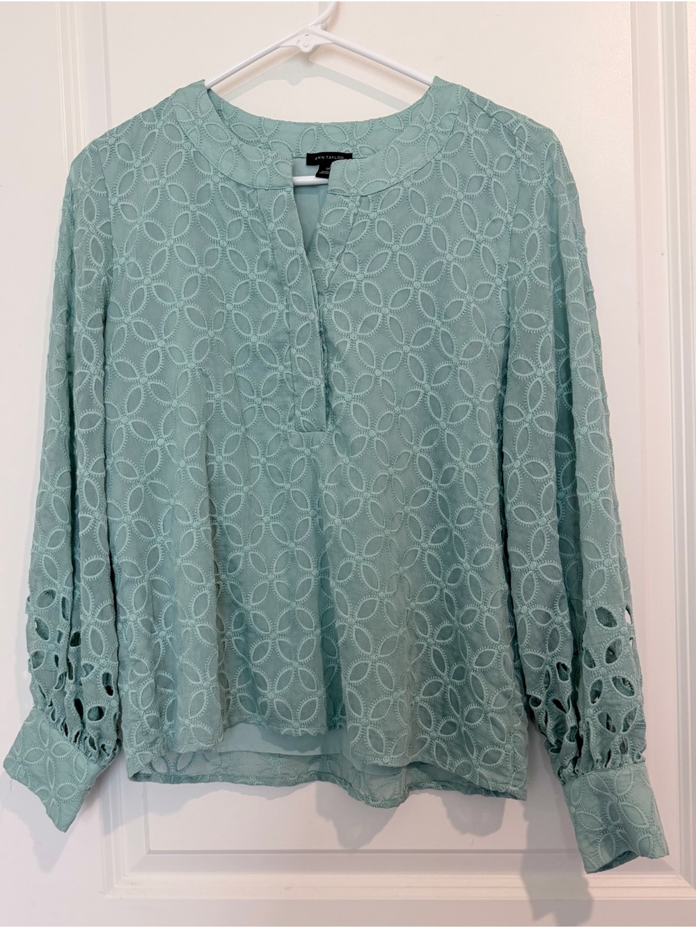 Ann Taylor Sage Green Eyelet Split-Neck Blouse